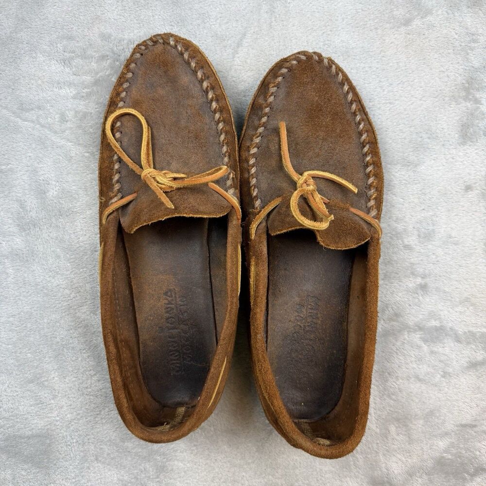 Minnetonka Moccasin Brown Suede Leather Shoes Mens Lace Up Handsewn